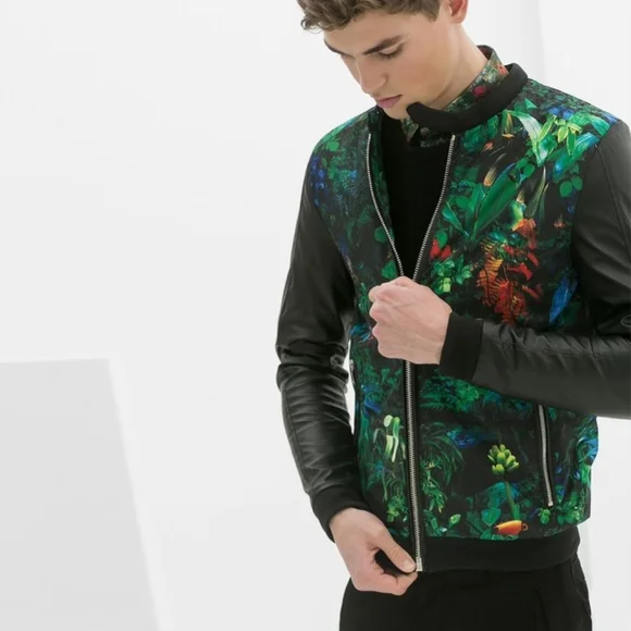 Zara Man Black And Tropical Print Bomber Jacket ~ Size Medium - Picture 15 of 15